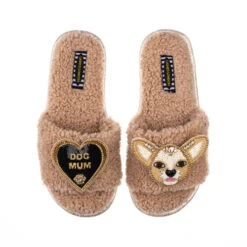 Teddy Towelling Slipper Sliders With Princess & Dog Mum Brooches