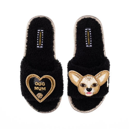 Teddy Towelling Slipper Sliders With Princess & Dog Mum Brooches - Image 2