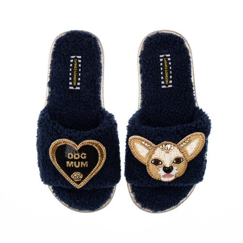 Teddy Towelling Slipper Sliders With Princess & Dog Mum Brooches - Image 3