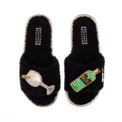 Teddy Towelling Slipper Sliders With Original Gin Brooches