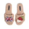 Teddy Towelling Slipper Sliders With Strawberry & Union Jack Brooches