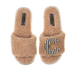 Teddy Towelling Slipper Sliders With Black & White Stripe Initial Brooch