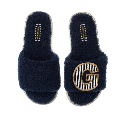 Teddy Towelling Slipper Sliders With Black & White Stripe Initial Brooch - Image 2