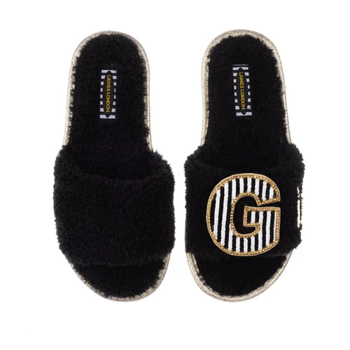 Teddy Towelling Slipper Sliders With Black & White Stripe Initial Brooch - Image 3