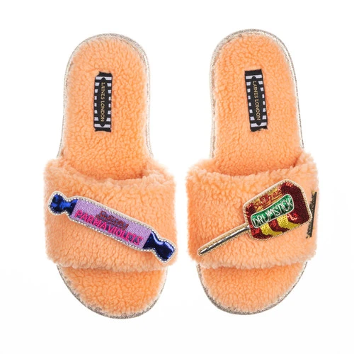 Teddy Towelling Slipper Sliders With Parma Violets & Drumstick Brooches - Image 3