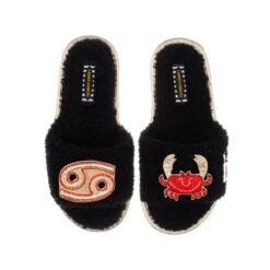 Teddy Towelling Slipper Sliders With Cancer Star Sign Brooches