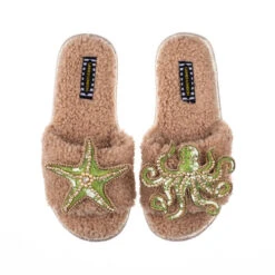 Teddy Towelling Slipper Sliders With Green & Gold Octopus & Starfish Brooches