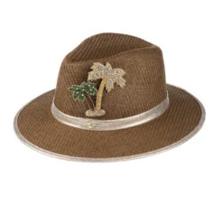 Straw Woven Hat With Embellished Golden Palm Tree Brooch