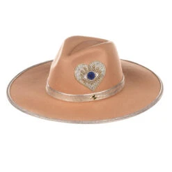 Laines London Camel Couture Fedora Hat With Embellished Blue Heart Eye