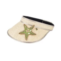 Straw Woven Visor With Embellished Gold & Green Starfish Brooch