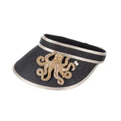 Straw Woven Visor With Embellished Gold Octopus Brooch