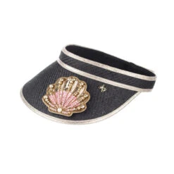 Straw Woven Visor With Embellished Pink & Gold Shell Brooch