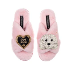 Classic Laines Slippers With Queenie The Bichon & Dog Mum Brooches