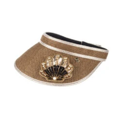Straw Woven Visor With Embellished Black & Gold Shell Brooch