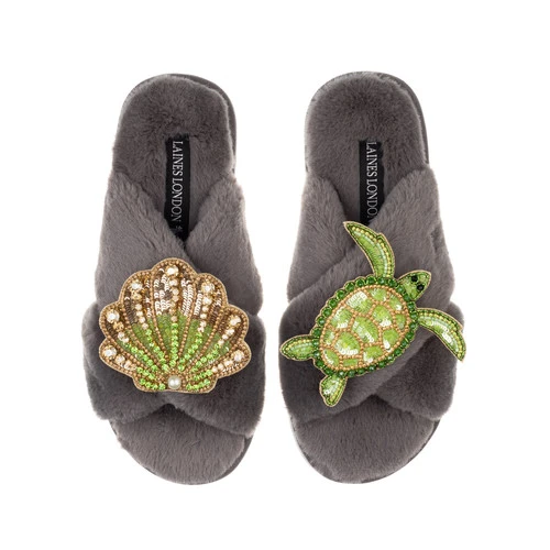 Classic Laines Slippers With Green & Gold Turtle & Shell Brooches