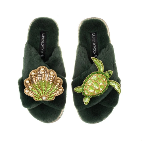 Classic Laines Slippers With Green & Gold Turtle & Shell Brooches - Image 2