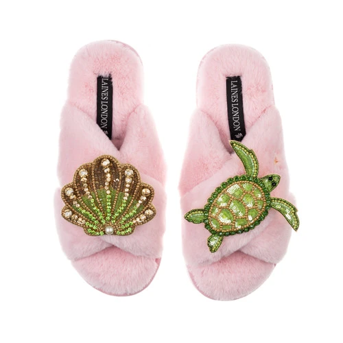Classic Laines Slippers With Green & Gold Turtle & Shell Brooches - Image 3