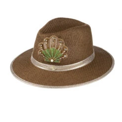 Straw Woven Hat With Embellished Green & Gold Shell Brooch