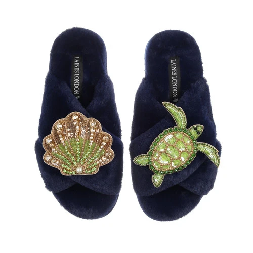 Classic Laines Slippers With Green & Gold Turtle & Shell Brooches - Image 4