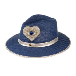 Straw Woven Hat With Embellished Gold & Blue Heart Eye Brooch
