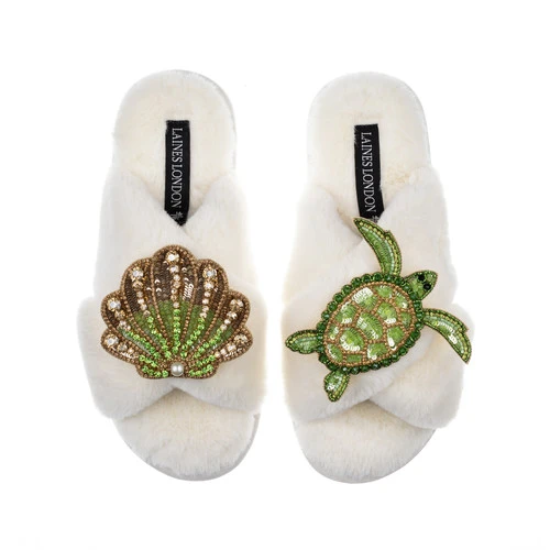 Classic Laines Slippers With Green & Gold Turtle & Shell Brooches - Image 5