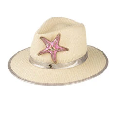 Straw Woven Hat With Embellished Pink & Gold Starfish Brooch