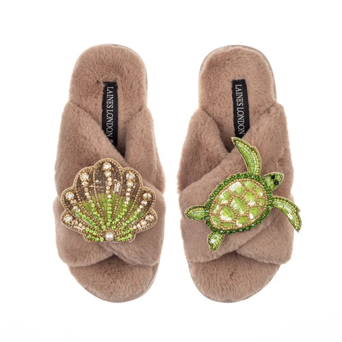 Classic Laines Slippers With Green & Gold Turtle & Shell Brooches - Image 6