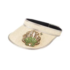 Straw Woven Visor With Embellished Green & Gold Shell Brooch