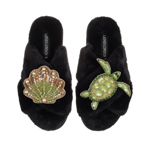 Classic Laines Slippers With Green & Gold Turtle & Shell Brooches - Image 7