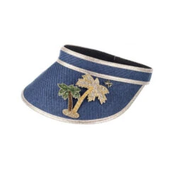 Straw Woven Visor With Embellished Golden Palm Tree Brooch