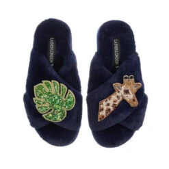 Classic Laines Slippers With Palm Leaf & Giraffe Brooches