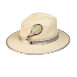 Straw Woven Hat With Embellished Tennis Brooch