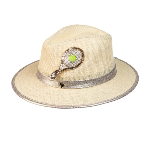 Straw Woven Hat With Embellished Tennis Brooch