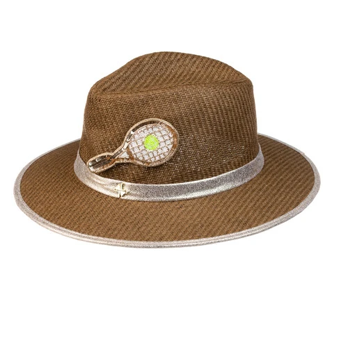 Straw Woven Hat With Embellished Tennis Brooch - Image 2