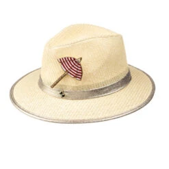 Straw Woven Hat With Parasol Brooch