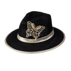 Straw Woven Hat With Cream & Gold Butterfly Brooch