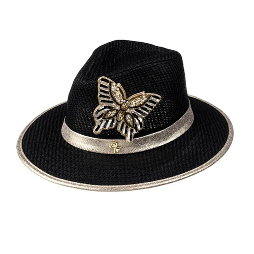 Straw Woven Hat With Cream & Gold Butterfly Brooch