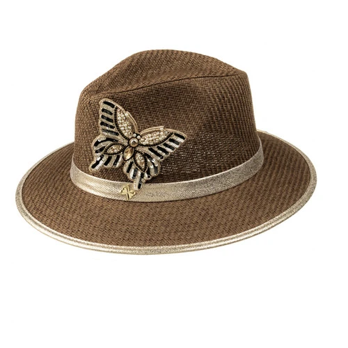 Straw Woven Hat With Cream & Gold Butterfly Brooch - Image 2