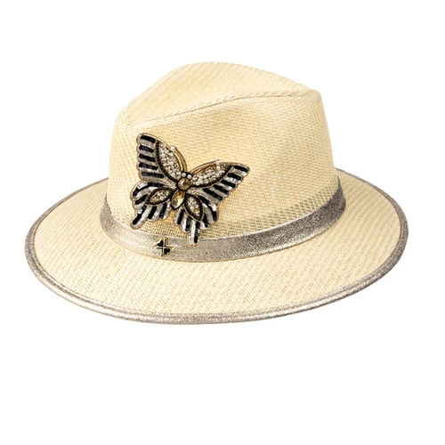 Straw Woven Hat With Cream & Gold Butterfly Brooch - Image 3