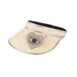 Straw Woven Visor With Embellished Gold & Blue Heart Eye Brooch