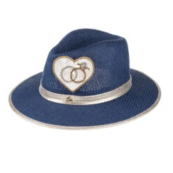 Straw Woven Hat With Embellished Wedding Rings Heart Brooch