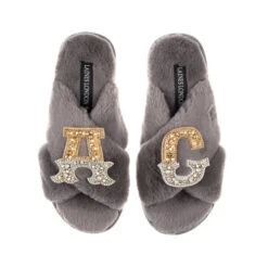 Classic Laines Slippers With Double Gold & Silver Initial Brooches
