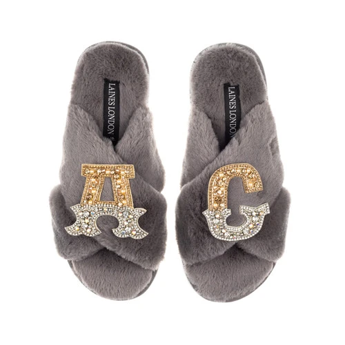 Classic Laines Slippers With Double Gold & Silver Initial Brooches