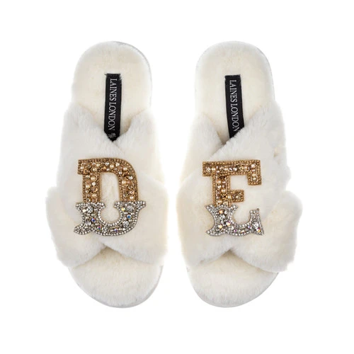 Classic Laines Slippers With Double Gold & Silver Initial Brooches - Image 2