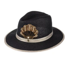 Straw Woven Hat With Embellished Black & Gold Shell Brooch