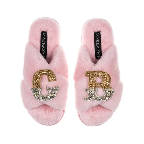 Classic Laines Slippers With Double Gold & Silver Initial Brooches - Image 3