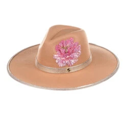 Laines London Camel Couture Fedora Hat With Embellished Pink Peony