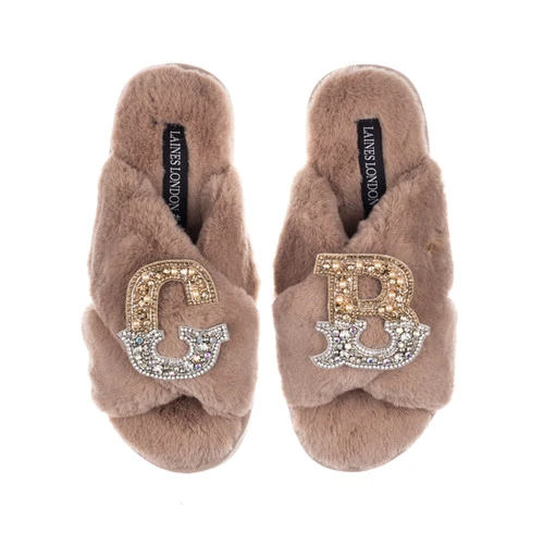 Classic Laines Slippers With Double Gold & Silver Initial Brooches - Image 4