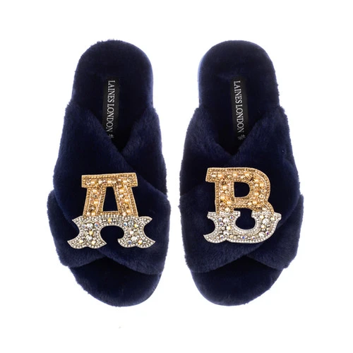 Classic Laines Slippers With Double Gold & Silver Initial Brooches - Image 5