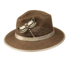 Straw Woven Hat With Cream & Gold Dragonfly Brooch